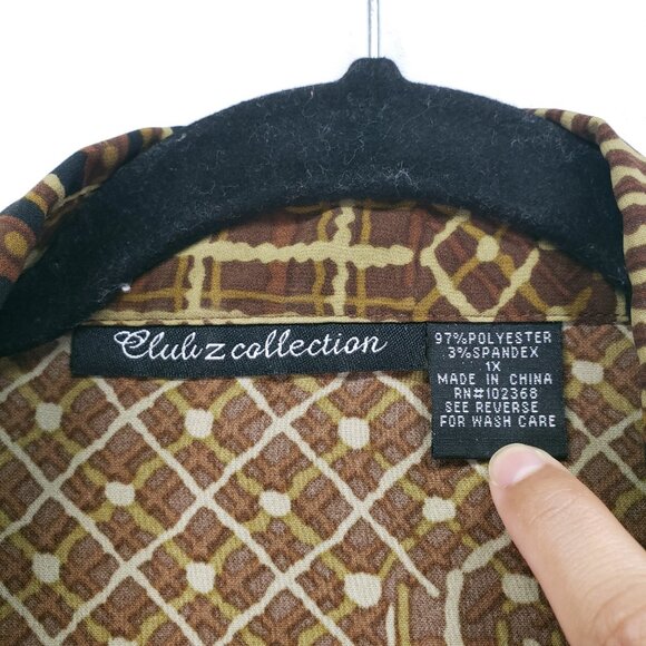 Club Z Collection Brown Geometric Fun Pattern Collar Button Down Blouse Size 1X - Picture 4 of 14